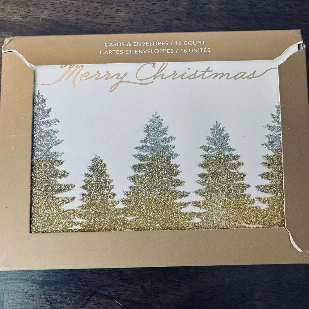 Christmas Silver Gold Glitter Trees Holiday Greeting Cards Set
